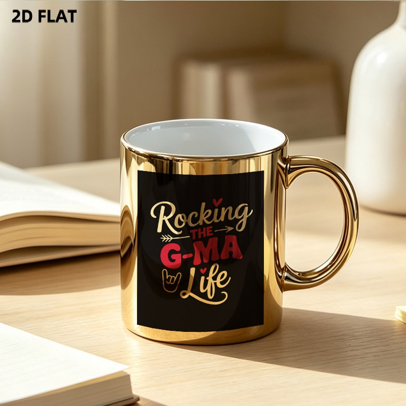 신기한 세라믹 커피 머그, 재미있는 그래픽이 있는 2d 평면 인쇄 rocking the g-ma life 디자인, 11oz 용량, 전기 도금 금색 머그받이, 데일리 주방 및 가정용으로 완벽한 캐주얼 음료 용품