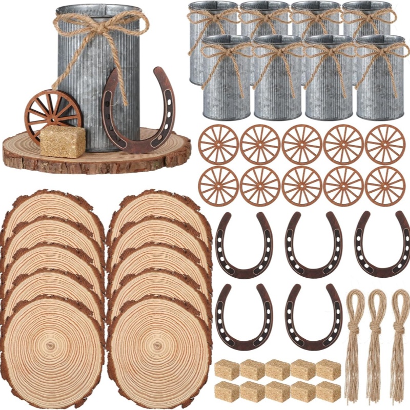 TEMU 50pcs Western Party Decorations Mini Horseshoe Wagon Wheel Hay Crafts Wooden Plate Farmhouse Vase Table Centerpieces Supplies For Western