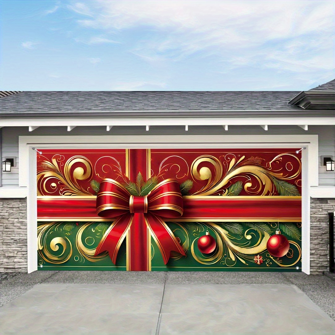 

1pc Extra Large 71"x157" Christmas Garage Door Cover - 100d Polyester Fabric With 3d Gift Bow & Outdoor Holiday Decoration