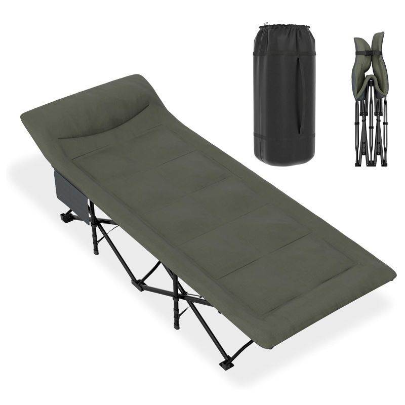 Folding Camp Bed 185 X 75cm Camping Bed With Mattress, Pillow And Side Pockets, Guest Bed, Carp Lounger, Camping Lounger Holds 250kg For Outdoor