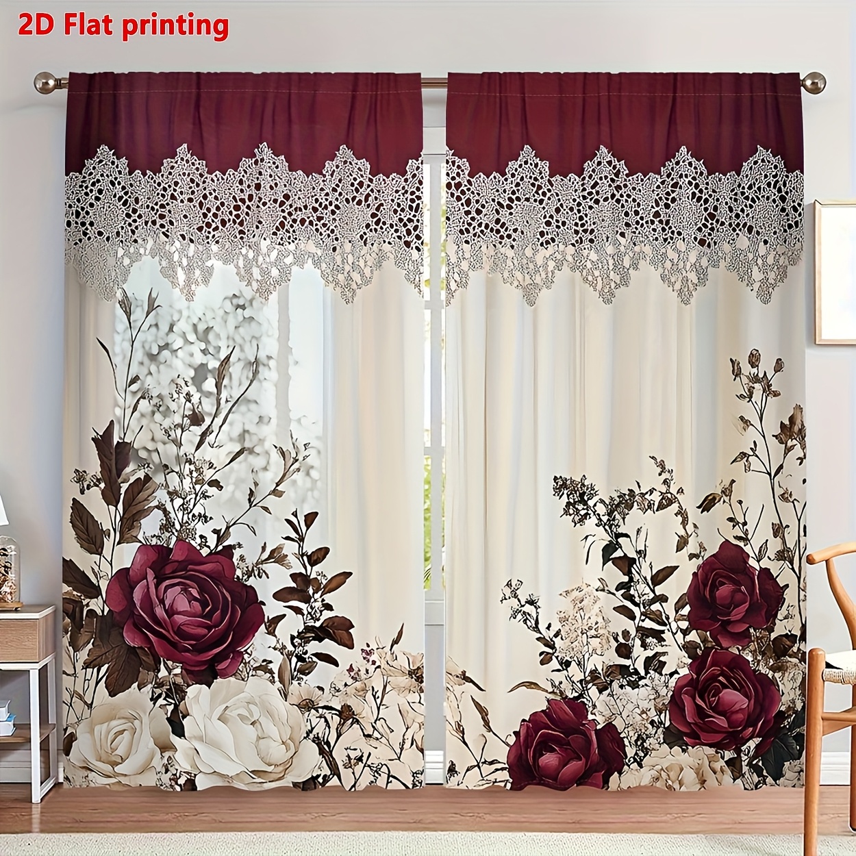 TEMU 2d Flat - 2d Flat - 2d Flat Print, Set Of 2pcs, Floral Print Victorian Style Curtains, Rod Pocket Installation, Digital Printing Technology,