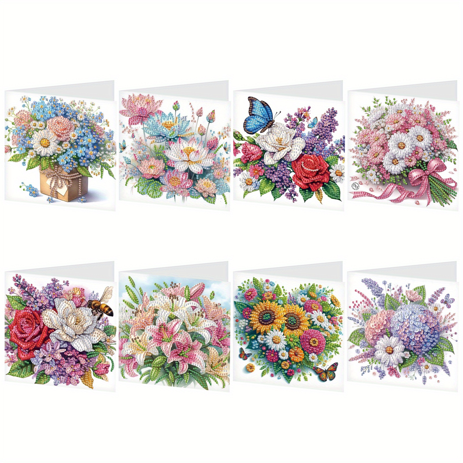 E-shop 8-teiliges Set mit hellen floralen Grußkarten – Runde Diamanten, Premium-Papier, 12 x 6 Zoll – für Weihnachten, Geburtstage, Thanksgiving