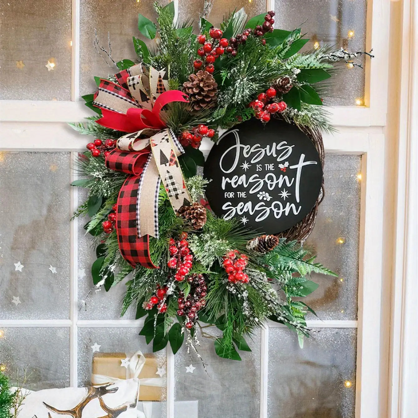 TEMU 17.7 Inch Christmas Wreath- Vintage Style Holiday Door Decor With Berries, Pine Cones& Red Bow, Hanging Ornament For Fireplace, Wall& Party