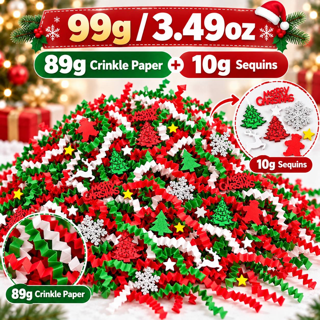 TEMU 99g/3.49oz Christmas Red, Green, And White Raffia Gift Box Filler Set, Including Christmas Tree/snowflake/reindeer/santa Claus Sequins, Holiday