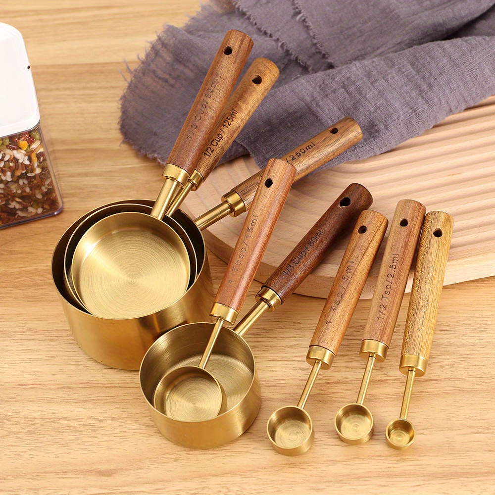 

8-piece Stainless Steel Measuring Cups And Spoons Set With Wood Handles Kitchen Baking Tools Includes Spice And Coffee Food Supplies