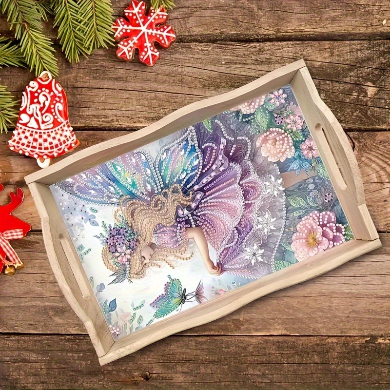 TEMU Diy Diamond Painting Kit With Wooden Tray - Includes Round And Unique Shaped Diamonds, Handmade Crafts, Breakfast, Coffee, Tea Service, Home