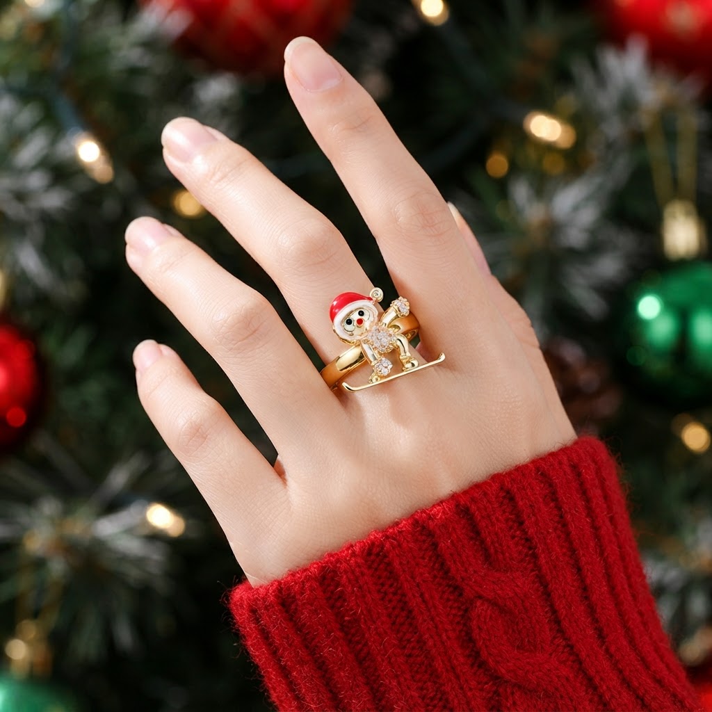 Women's Ski Santa Claus Open Ring with Zirconia