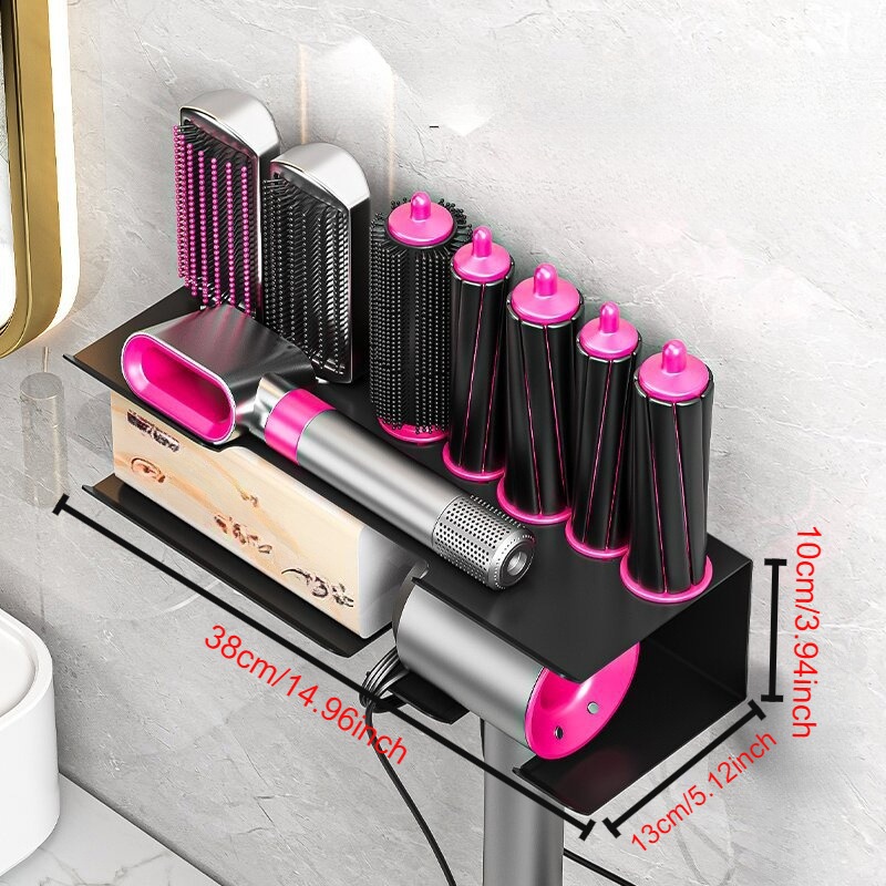 Image of Blow Dryer Holder With Storage For Curling Iron, No Drill Hair Tool Organizer Mount For Hair Dryer, Flat Iron, Straightener, Beauty Tools, Bathroom Counter Space, Shelves