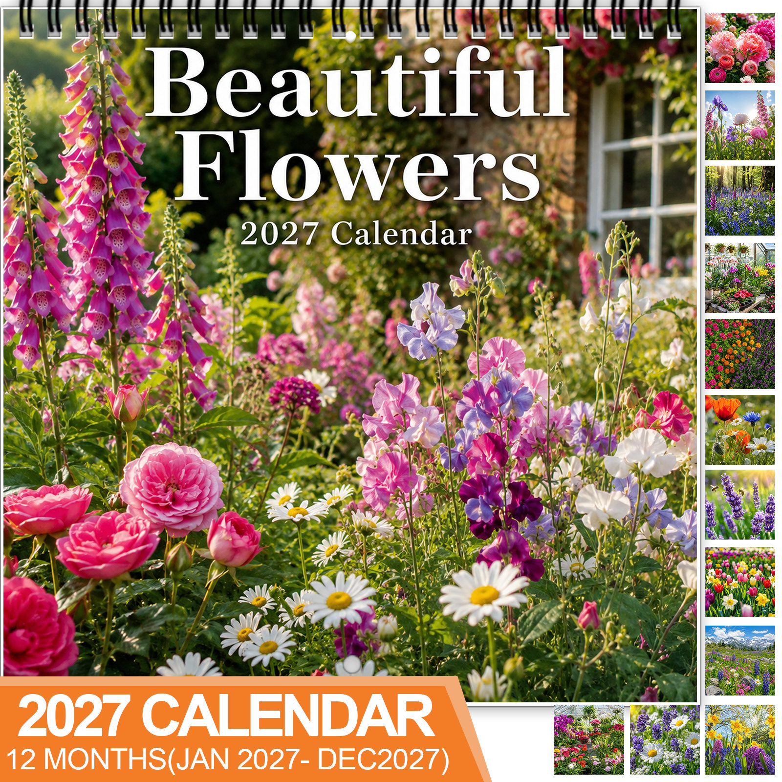 TEMU 2027 Floral Bloom Spiral Wall Calendar - 12-month Hanging Planner With Thick Paper & Marked Holidays, Spiral Binding Suitable For Home Office