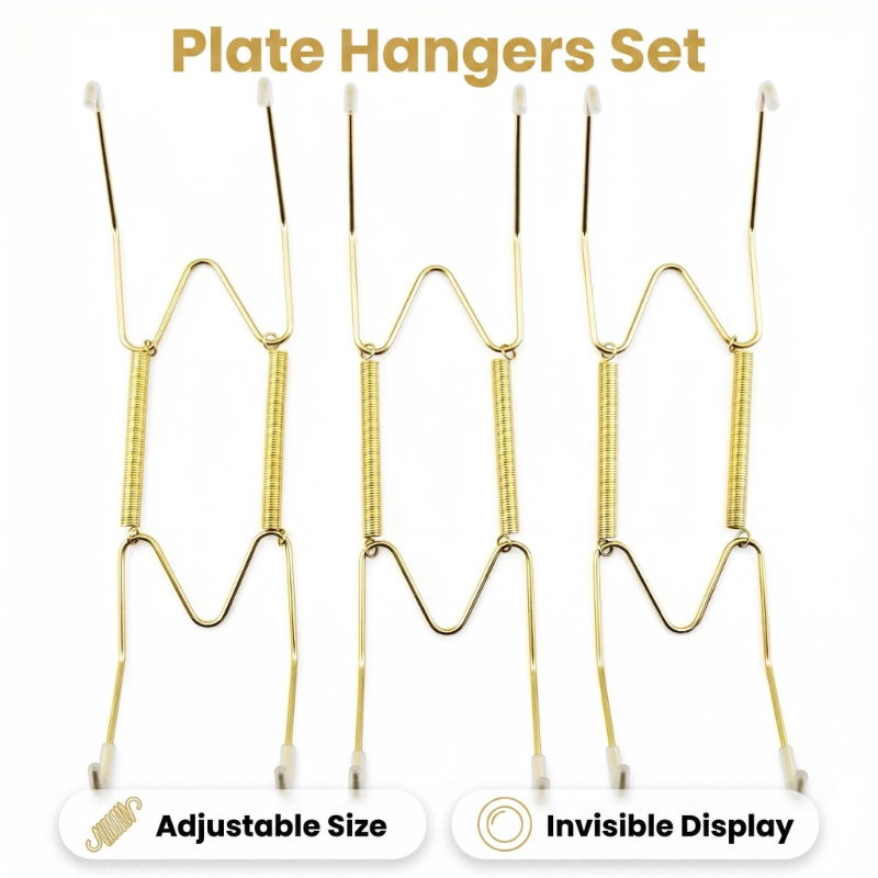 Adjustable Invisible Plate Hangers for Wall Display - Spring Wire Picture Mounts with & Golden Coating, Retains Elasticity Suitable for Gallery Walls, Art Studios, Modern Living Room Decor, Discreet Plate Holders