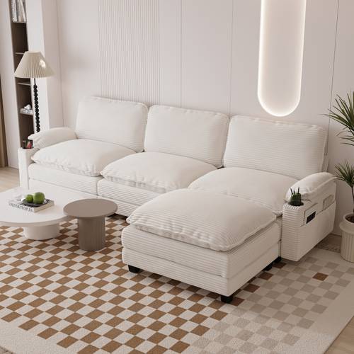 113 modern 3 1 l shaped corduroy fabric sofa modular sectional cloud couch w ottoman 35d high spongeanddouble layer thick cushion cup holders storage bags couches for living room apartment