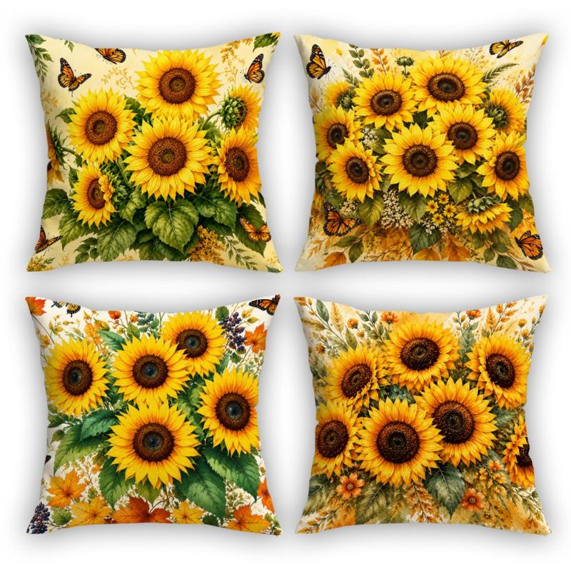 TEMU 4pcs, Sunflower Floral Print Pillowcases, Retro Pastoral Fresh Home Decor Cushion Covers, Gift For Family, , Zipper Closure, Multiple Sizes ,