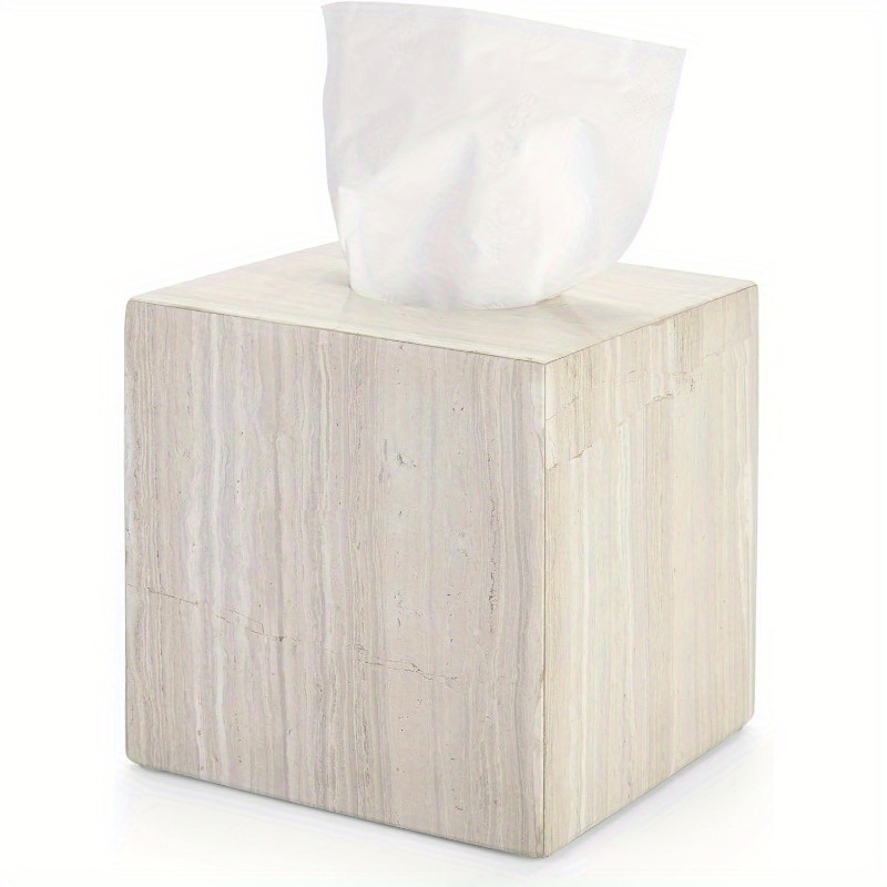 natural   marble tissue box holder square   with open bottom access beige grey marble pattern anti slip base polished   fits bathroom vanity bedroom dresser kitchen countertop luxury storage organizer for tissues 7 4 x7 4 x7 4 Product details 0