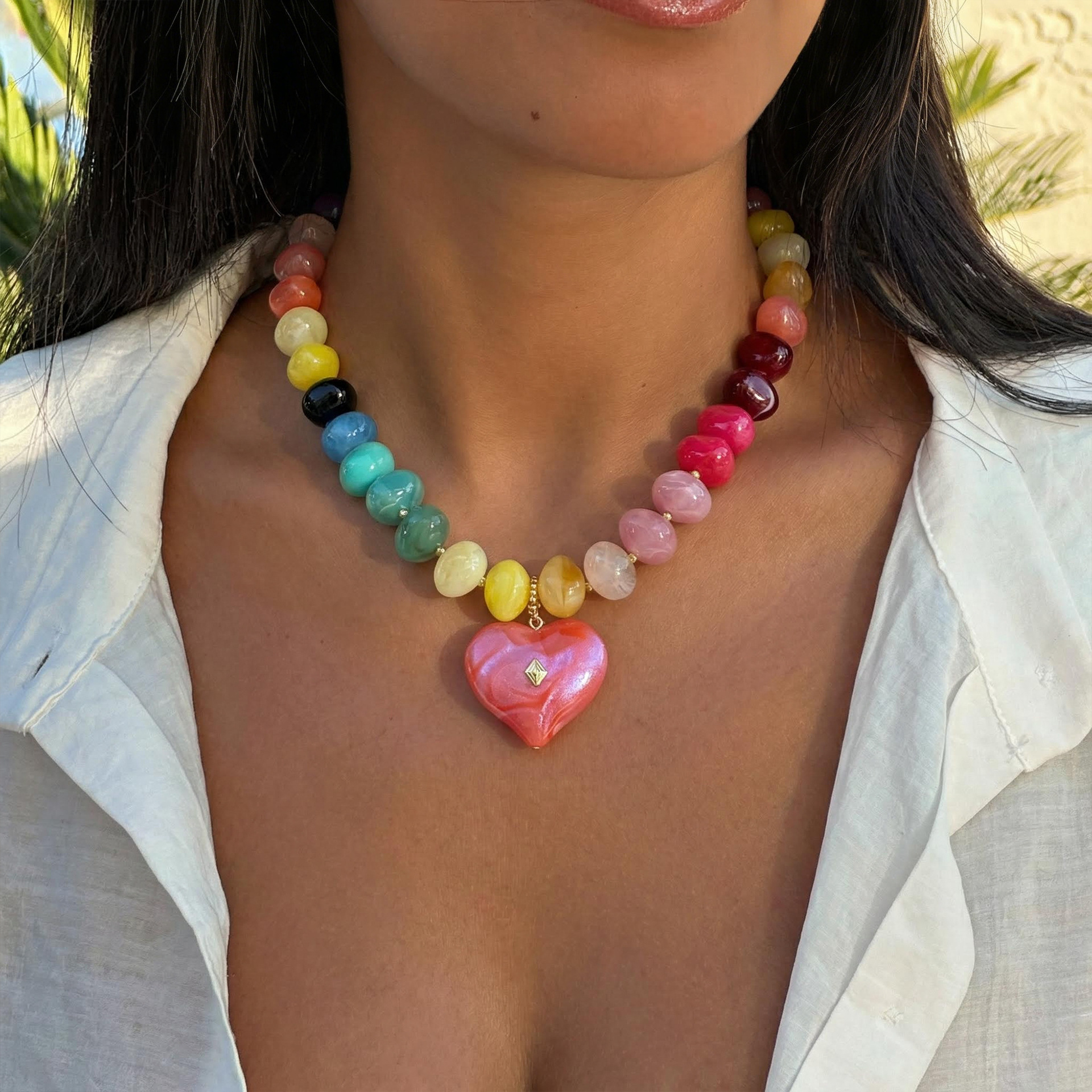 TEMU 1pc Colored Resin Necklace Handmade Random Color Bead Heart-shaped Pendant Bead Clavicle Chain Women's Summer Essential Fashion Item