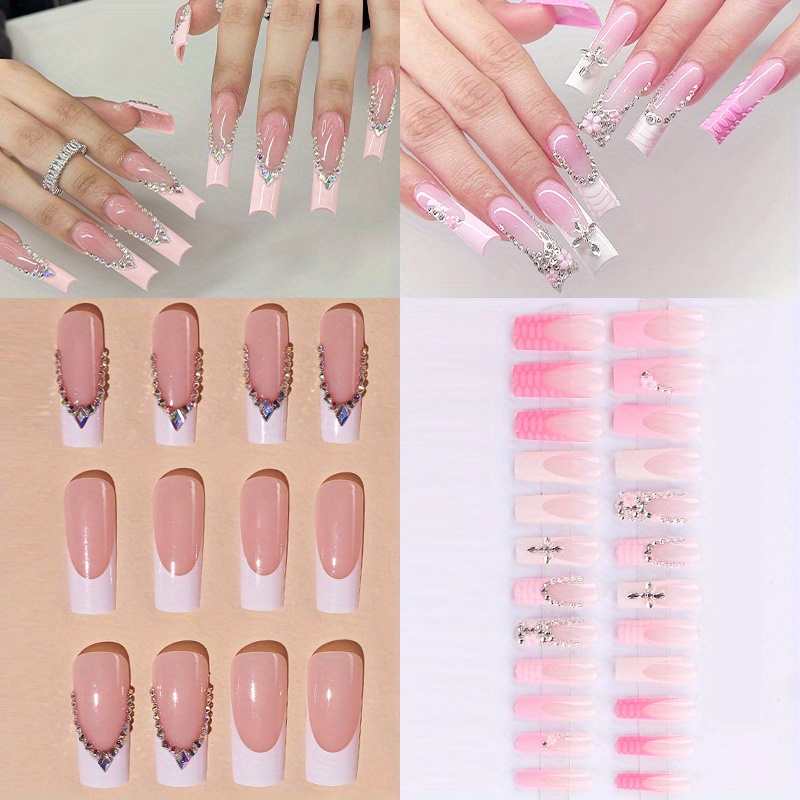 

48pcs (2 Pack) Press Nail Rectangular Fake Nail Pink French Pointe Diamond & Floral Acrylic Nail Gloss Nail Glue Full Closure Women's Nail Paste Gel Nails