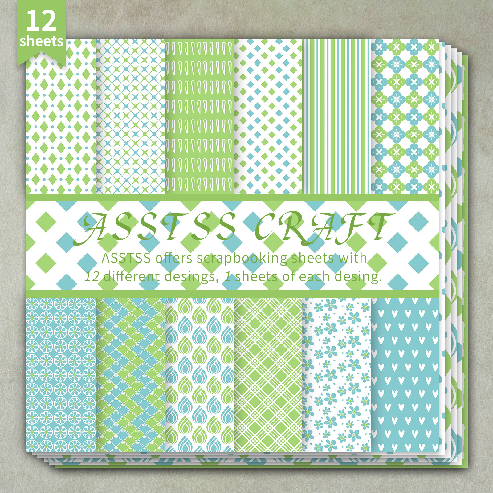 TEMU 12-sheet Asstss 6x6 Inch Scrapbooking Paper Pad, Light Blue And Green Geometric-floral Whimsical Style Backing Paper Supplies, Heavyweight