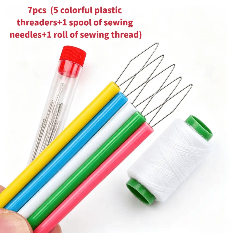 TEMU Ensemble de 7 pièces (5 enfile-aiguilles en plastique colorés et 1 bobine d'aiguilles à coudre et 1 rouleau de fil à coudre) - Outil d'enfilage