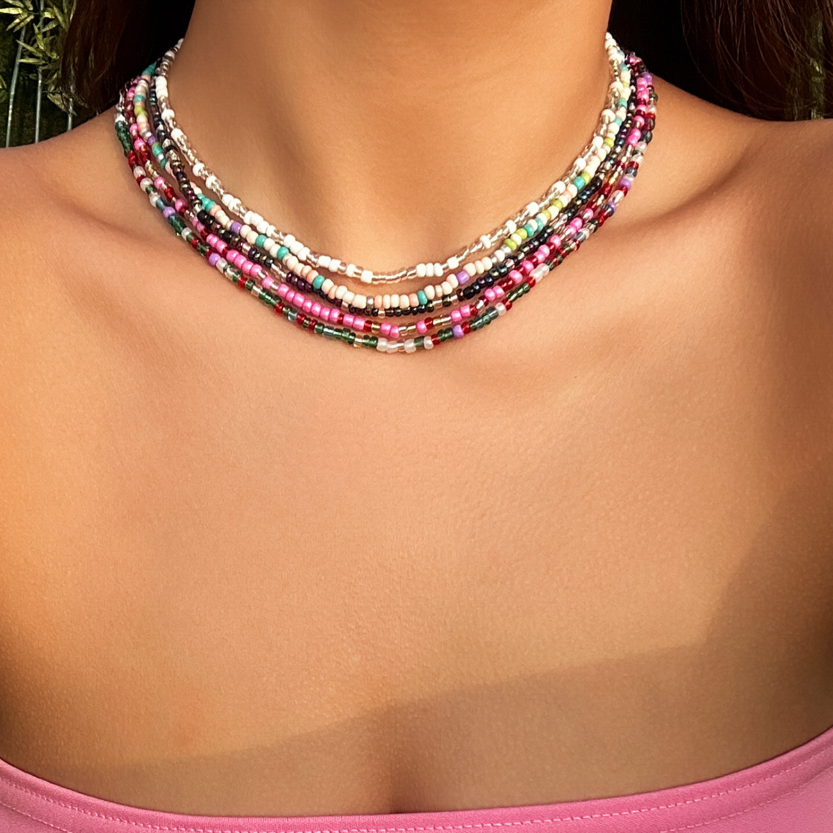 TEMU 5pcs Summer Cool- Colorful Mixed Bead Choker Necklace Set, Bohemian Style Dopamine Mixed Color Seed Bead Layered Collarbone Chain, Women's