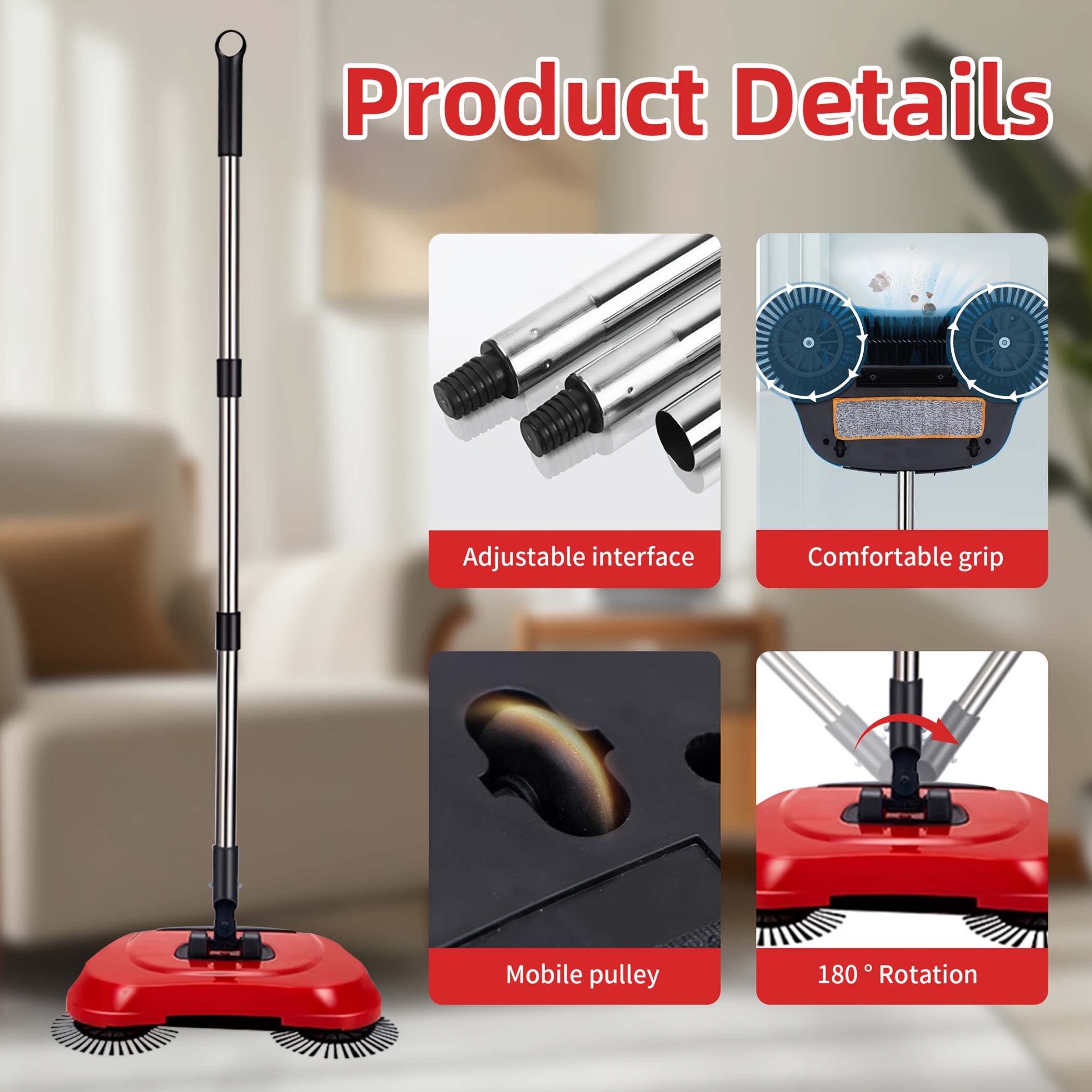 3-in-1 Cordless Dust Push Broom, Dustpan, and Mop Combo, Vacuum Cleaner Set, Long Handle Design, Durable Plastic, Suitable for Hardwood Floors and Tiles - Space-Saving Multi-Functional Household Cleaning Tool, Efficient Design, Easy to Clean Pet Hair