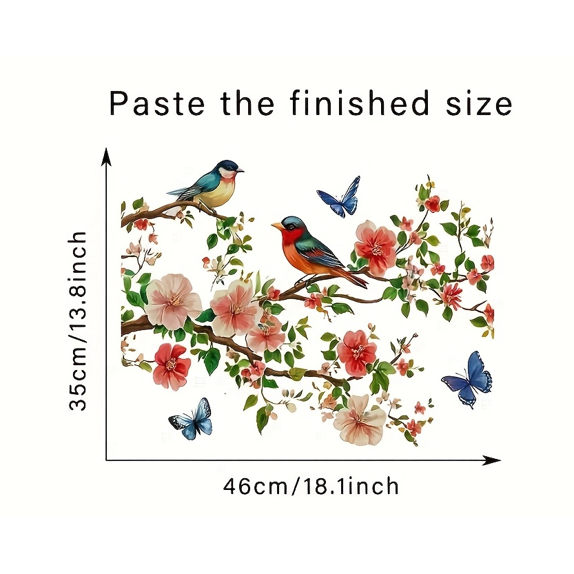 TEMU 1pc Autocollant de fenêtre pour branche d'oiseau, plante verte, fleur et papillon, autocollant créatif auto-adhésif amovible en PVC pour verre,