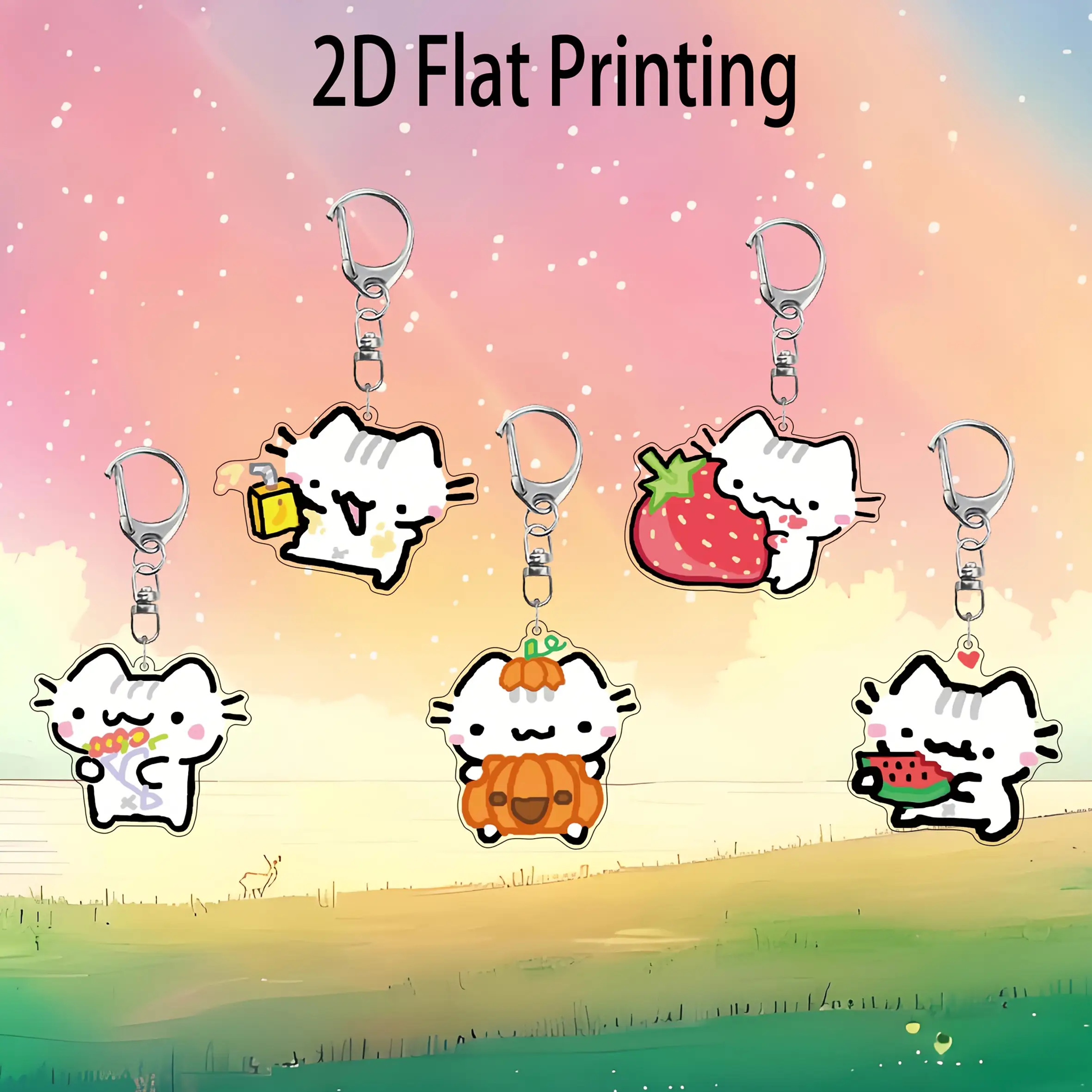 TEMU 2D - 2D , Set de 5 llaveros acrílicos, Llavero de gato de dibujos animados acrílico, Diseño lindo y negro, con fresas y , Regalo para y
