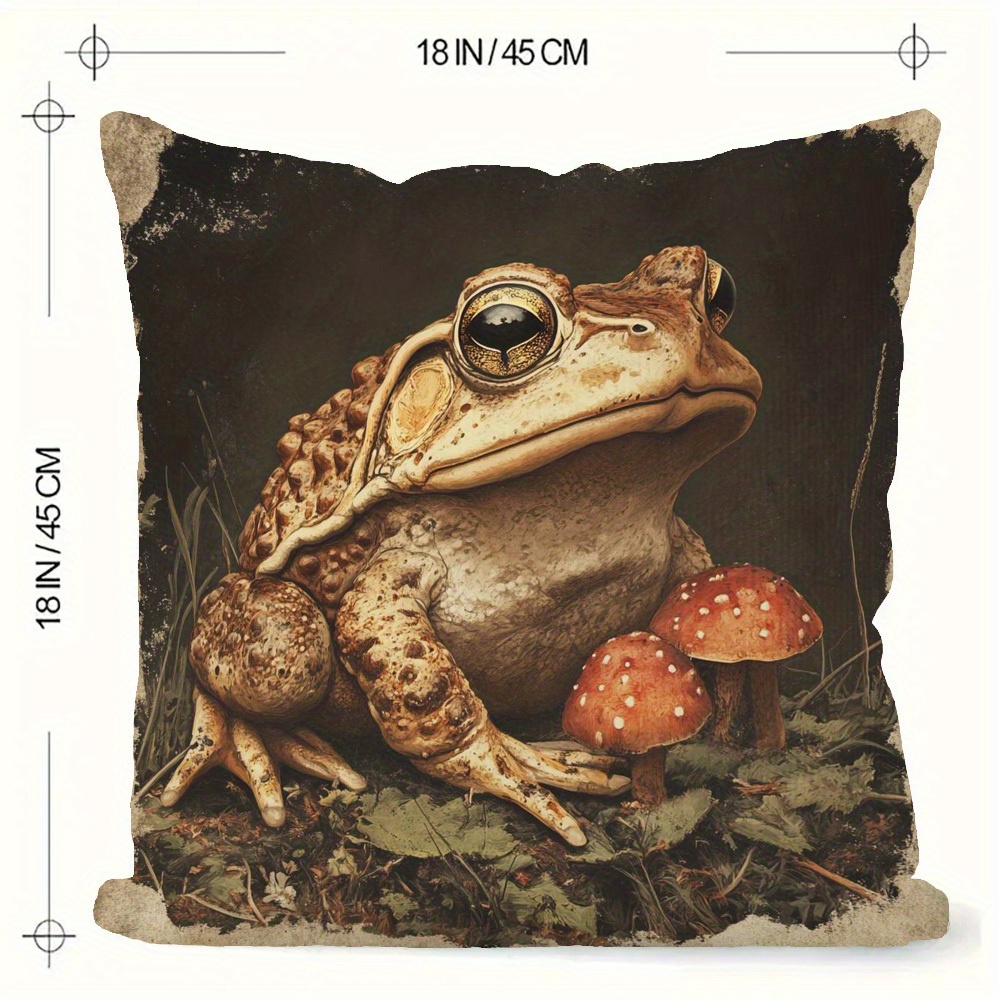 TEMU 1pc Retro Frog And Mushroom Pillowcase - Zippered Suitable For Sofa, Bed, Office - Vintage Frog & Print, Housewarming Gift, ' Room Decor,