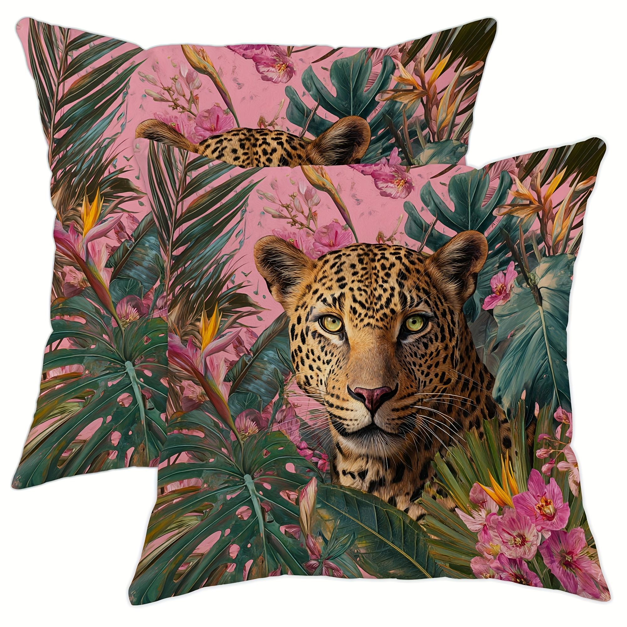 TEMU 2pcs Bohemian Leopard Jungle Pillowcase - Vibrant Design, Single-sided Print With Leaves And Exotic Wildlife, Soft Short Plush Fabric, Zipper