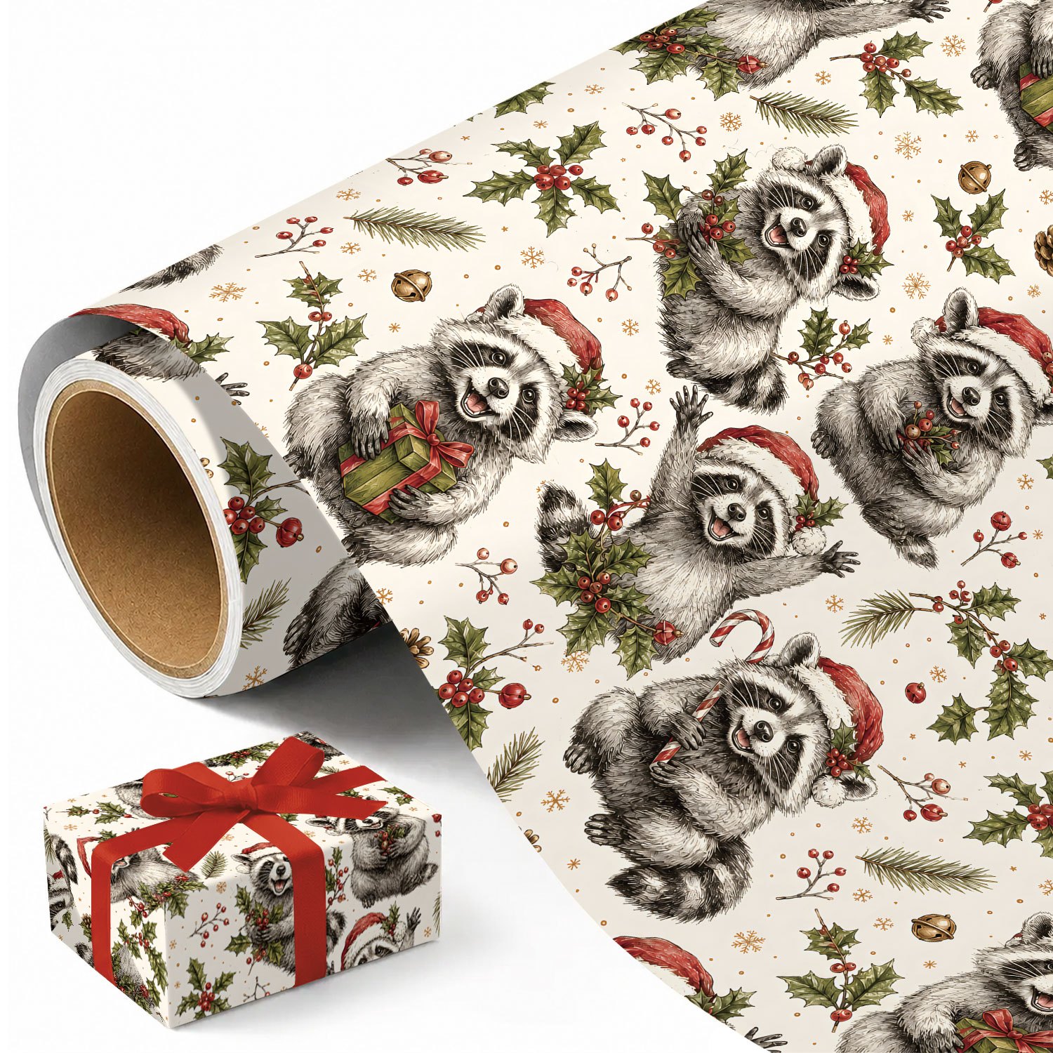 TEMU 1 Rolle Vintage Weihnachtsgeschenkpapier - Niedliches Weihnachts-Waschbär mit Santa-Hut-Muster, Designs für die Feiertage - Abmessungen cm (17,7