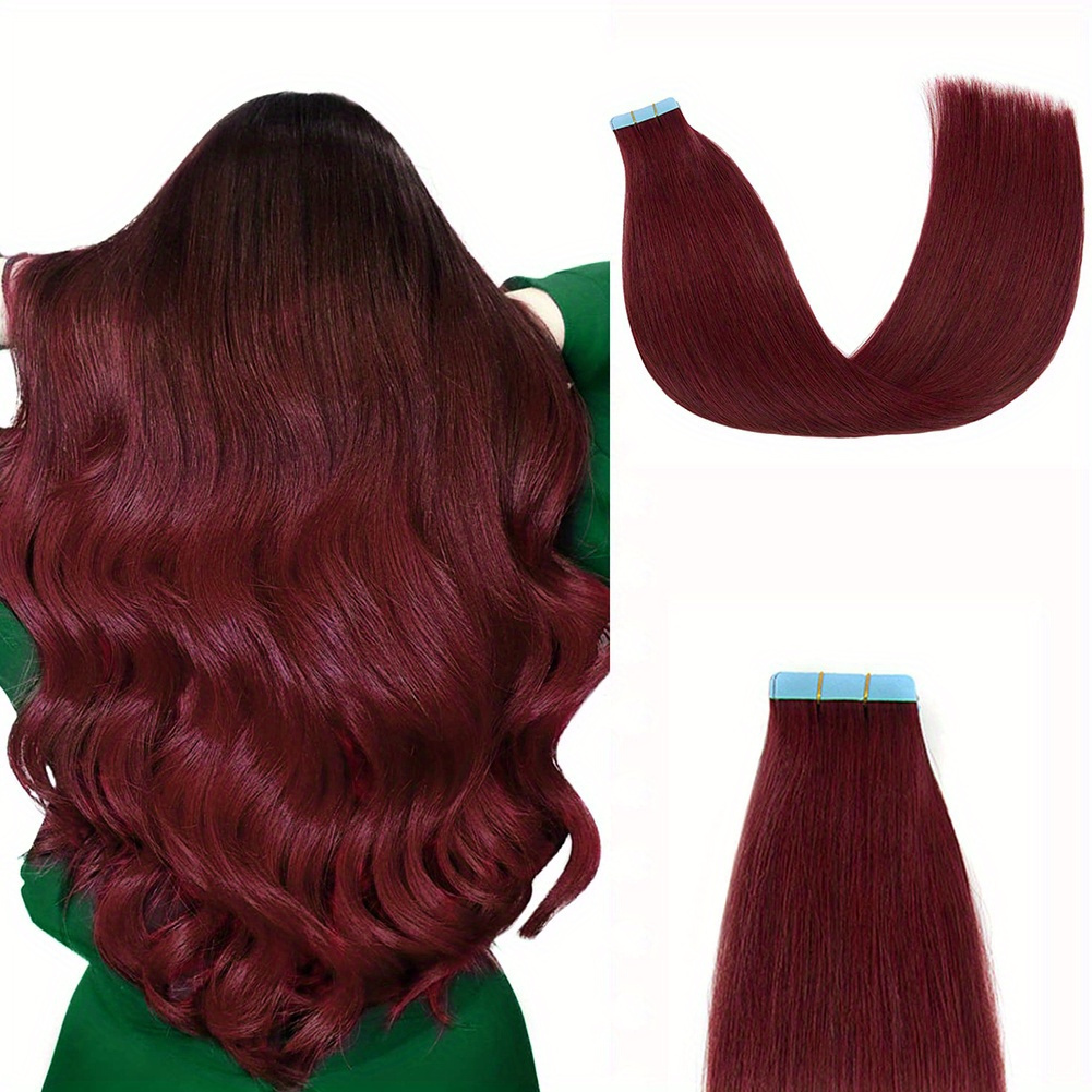 

20pcs 99j Burgundy Straight Hair Extensions - Natural, Seamless Remy Human Hair For All Genders