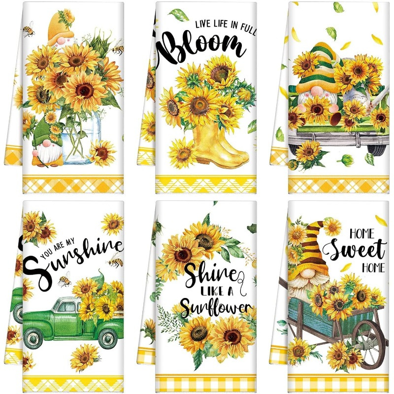 TEMU 6pcs Sunflower Kitchen Towels Dish Towels Seasonal Beach Cloth Towel Nautical Kitchen Towels, Hand Towels, Tea Towels, Housewarming Gift For