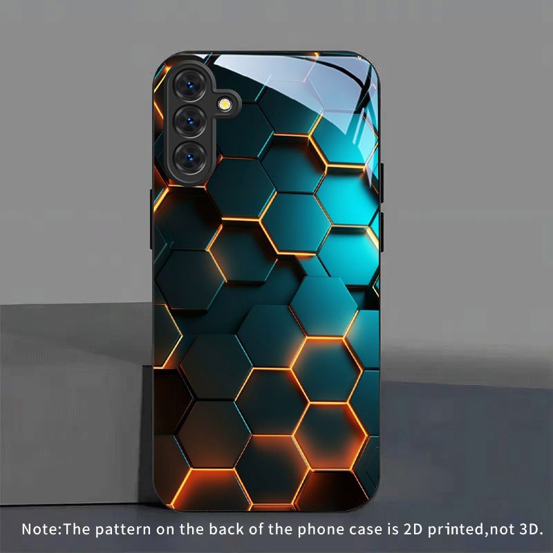 Image of Phone Case: Phone Case - Blue Orange Hexagonal Phone Case Tempered Glass For Iphone 17/16/15/14/13/12/11/plus/pro/pro Max Air And Galaxy S25/s24 Plus/s23/s22 Ultra Suitable For Gifts