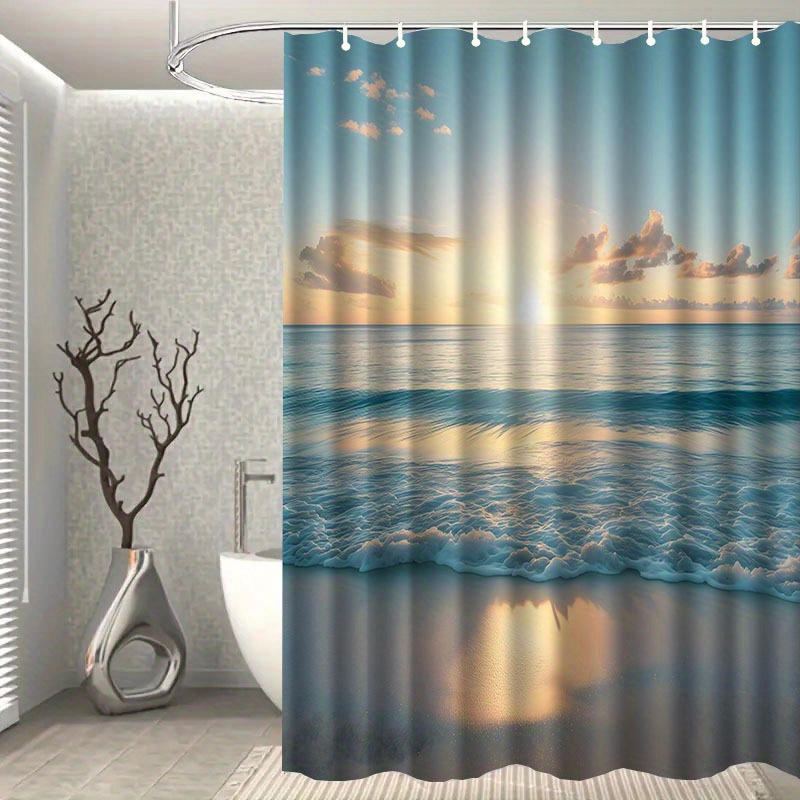 Summer Beach Pattern Shower Curtain with Hook, Water-Washing