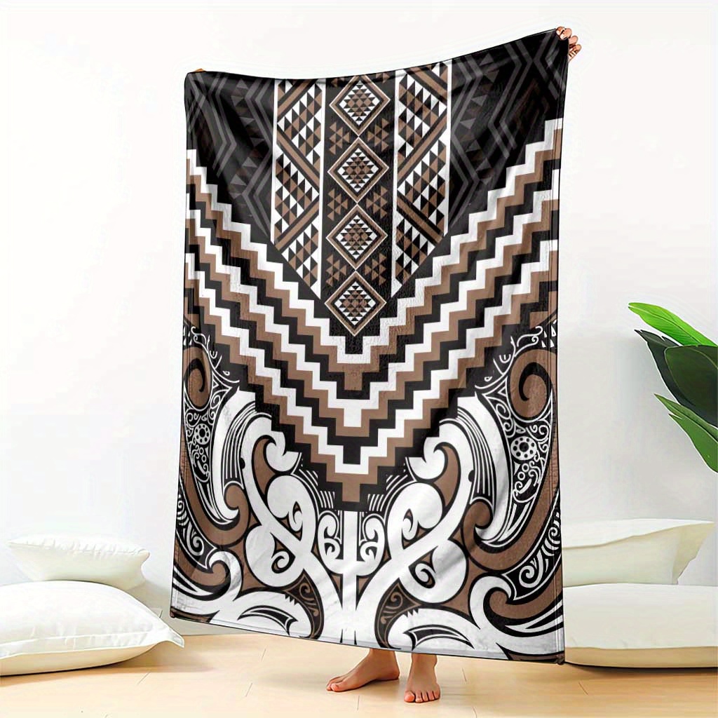 TEMU 1pc Maori Tribal Tukutani Pattern Flannel Blanket - Contemporary , Soft Lightweight & Quick-dry, Use For Home, Beach, Travel - Gift For