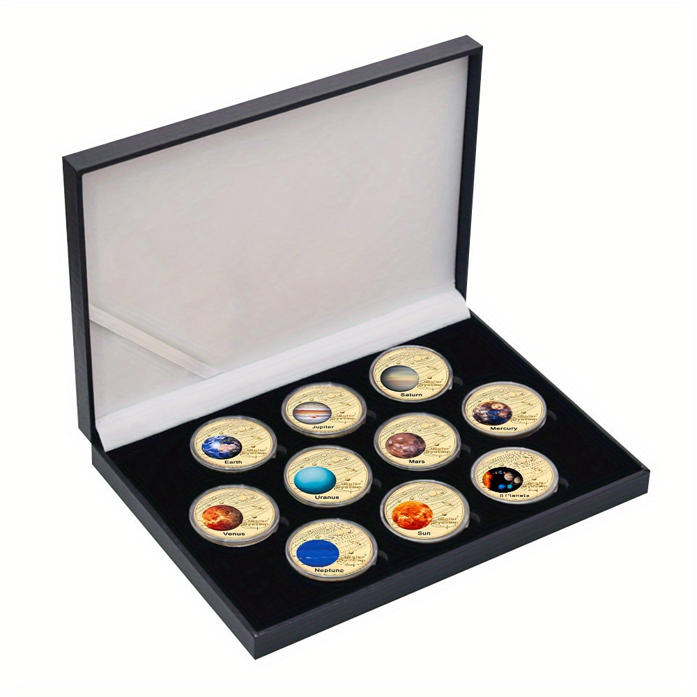Image of A Set Of 10 Commemorative From The Solar System With A Gift Box, Featuring Double-sided Relief And Golden Plating, Perfect As A Gift For Or Collectors