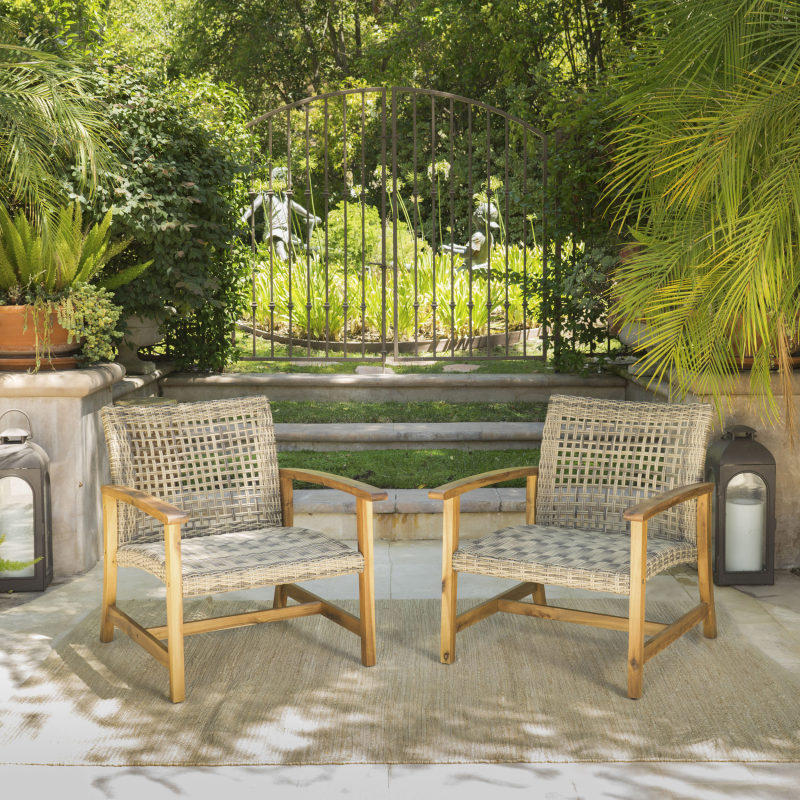 Outdoor Acacia Wood Wicker Club Chairs with Acacia Wood Frame, 2pcs Set