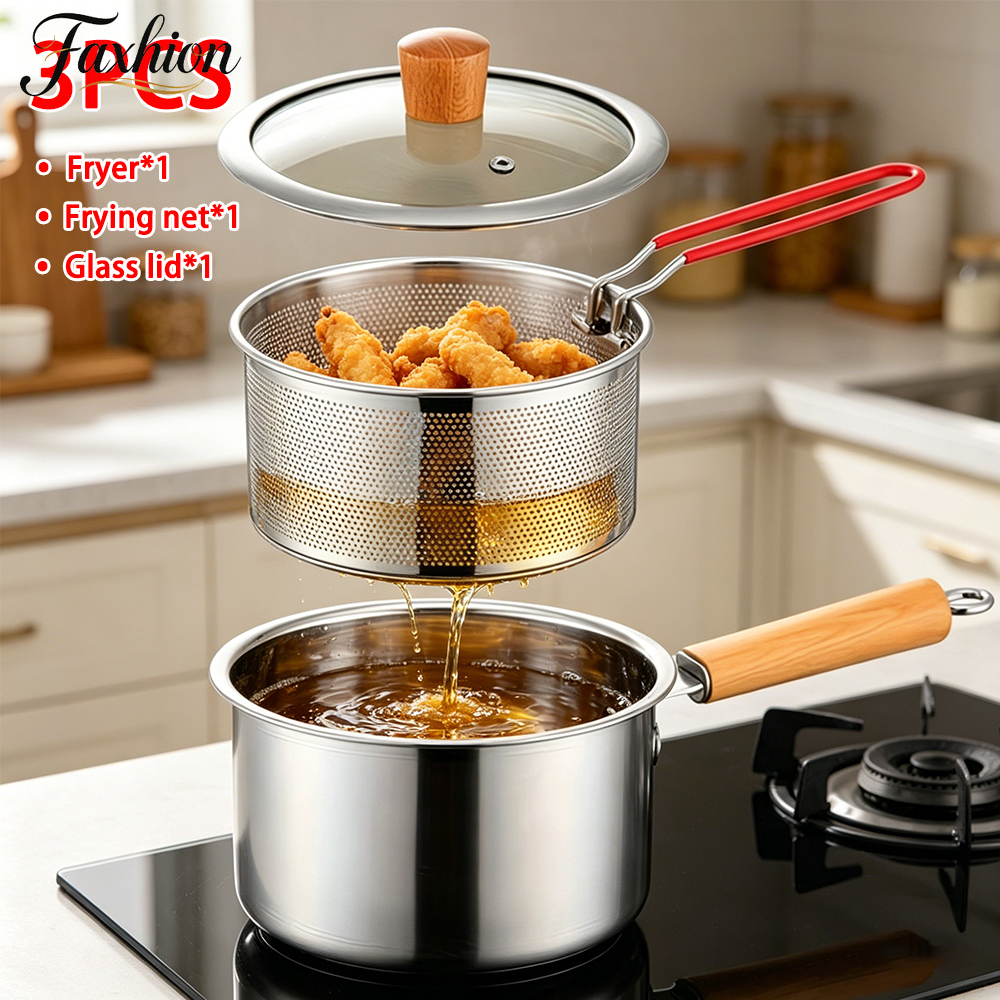 Temu – TEMU 3 Stainless Steel Cookware Sets (including Pan+pot Cover+frying Net), Cookware, Deep Fryer Noodle Cream Cookware, Cooking Equipment Kitchen,