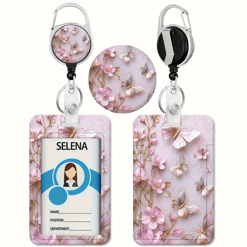 TEMU Pink Floral Print High-end Elegant Design Printed Pattern Card Holder With Retractable Badge Lanyard - Id And Credit Card Holder, Heavy-duty Id