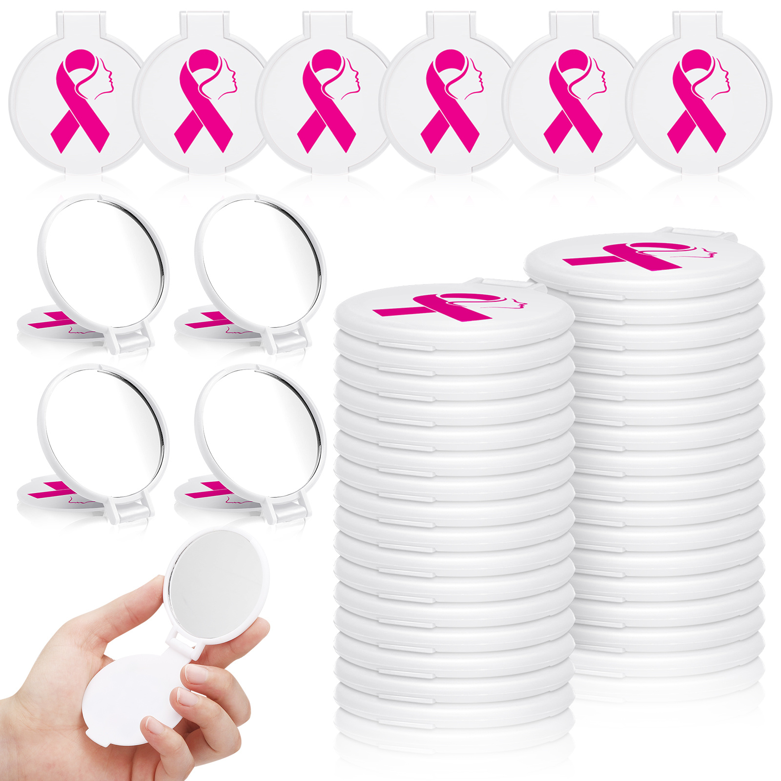 Bulk Set Of 100 Awareness-themed Gifts Featuring White And Pink Ribbon Breast Compact Mirrors, Ideal For Women. Small, Round, Portable Folding Makeup Mirrors Are Perfect For Pocket Or Purse Use