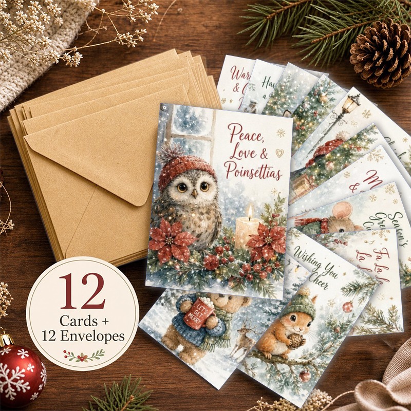 TEMU Usea12pcs Cards And 12pcs Envelopes 12pcs Christmas Greeting Cards Bulk, Blank Christmas Cards For Men Women Coworkers, Watercolor Woodland