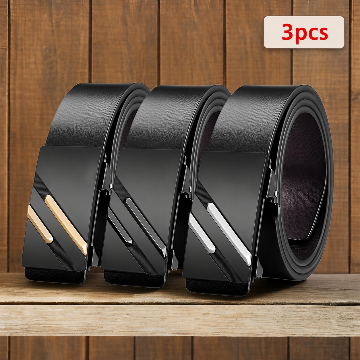 3pcs Men's Belt Set, Black Automatic Belts With Golden, Black& Silvery Accents, Adjustable No-hole , Casual Wear& Gifts