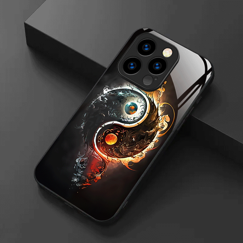 TEMU Phone Case: Pattern Yin Yang Design Tempered Glass Black Phone Case For Iphone