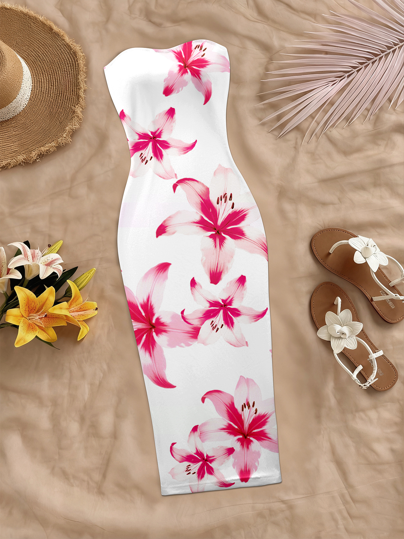 womens spring summer fall new arrival   date night and cocktail party and beach vacation artistic print strapless bodycon midi dress