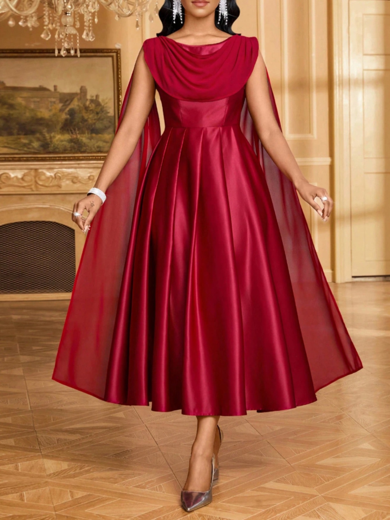 * Features a Vintage for Red Shawl Design with a Flowing Neckline And a  Cinched Waist * * And Upscale Evening *
