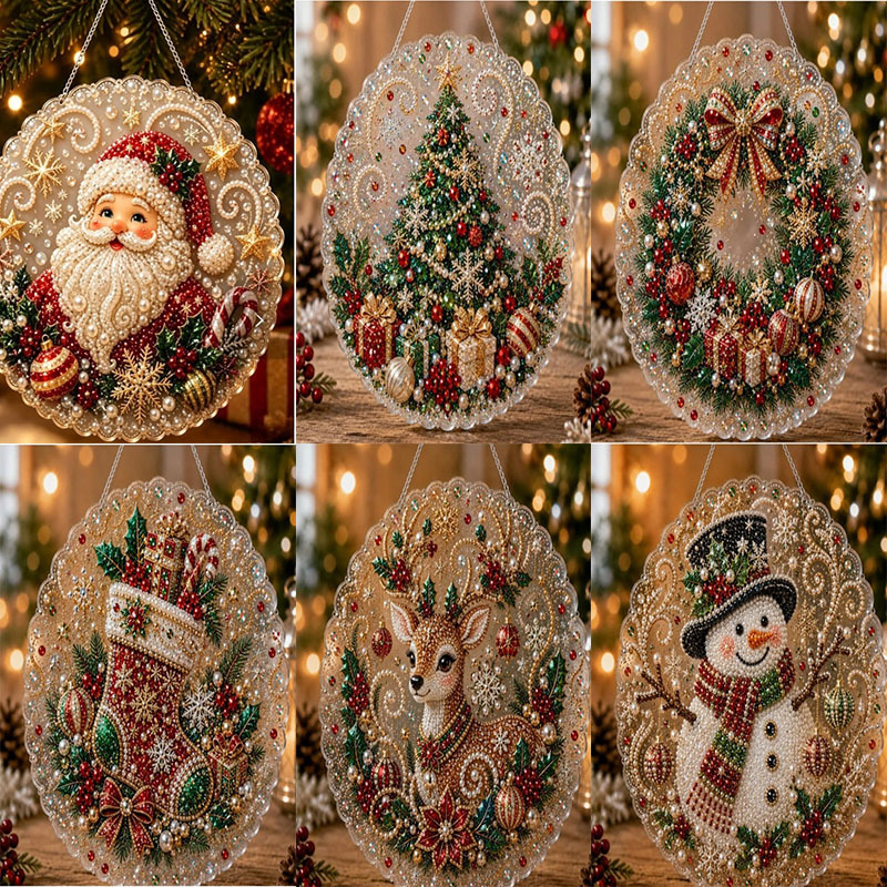 TEMU Multi-piece Combination Christmas Pearl Diamond Painting Light-absorbing Plate Set, Craft Pre-assembled Metal Chain, Acrylic Round Plate With
