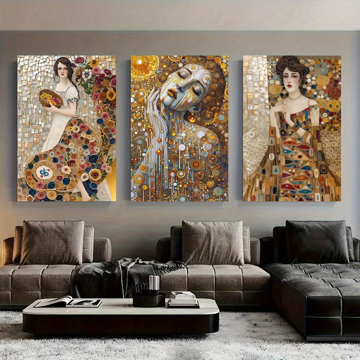 3pcs Abstract Woman Canvas Wall Art,     Style, Elegant Female Portraits with Golden Geometric Pattern, Wrapped Canvas Print, Ready to Hang, Canvas Print for Living Room, Bedroom, Office Decor