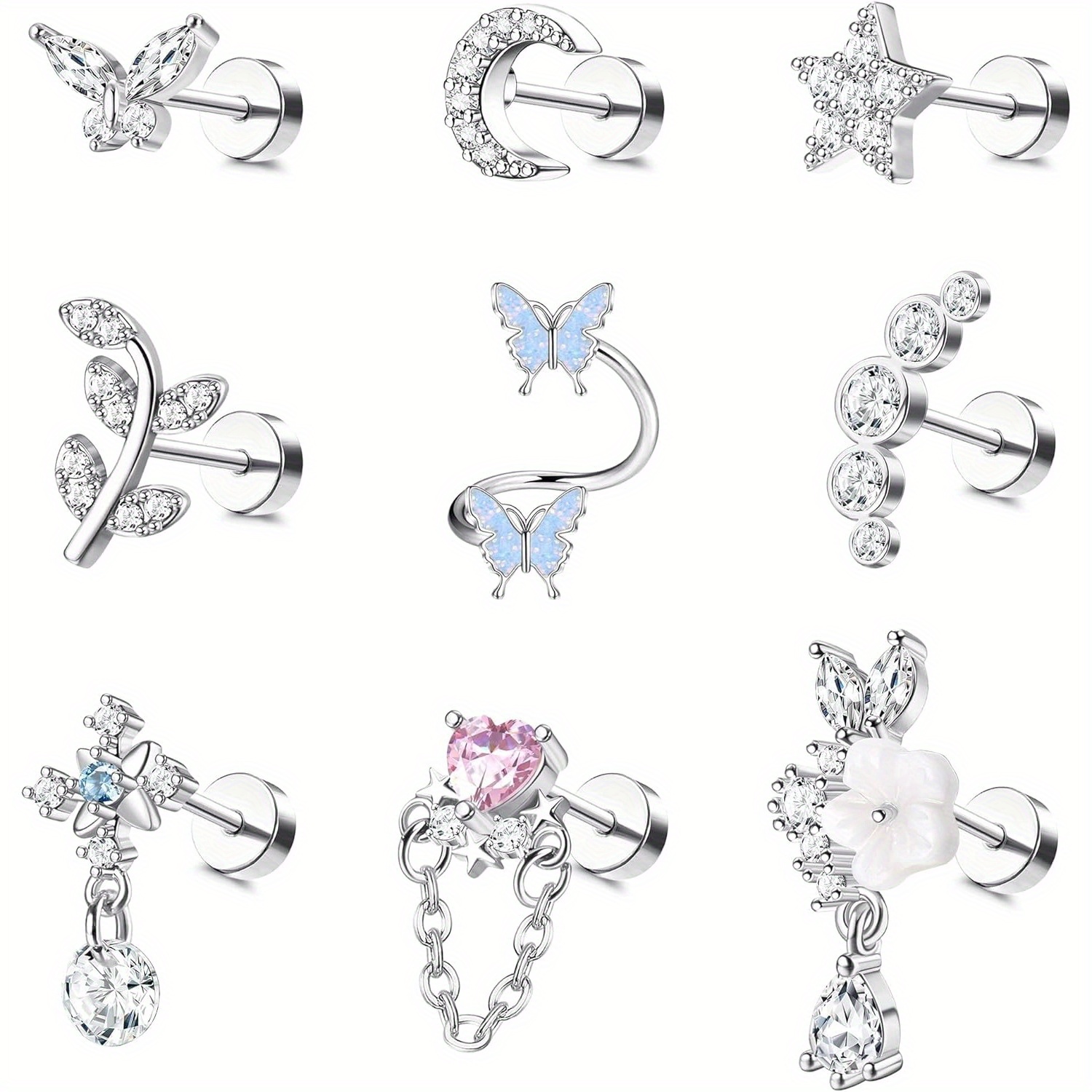 Image of 9pcs Helix Cartilage Earrings For Women Stainless Steel Tragus Earrings Moon Star Flower Ear Piercing Jewellery Set For Helix Cartilage Tragus