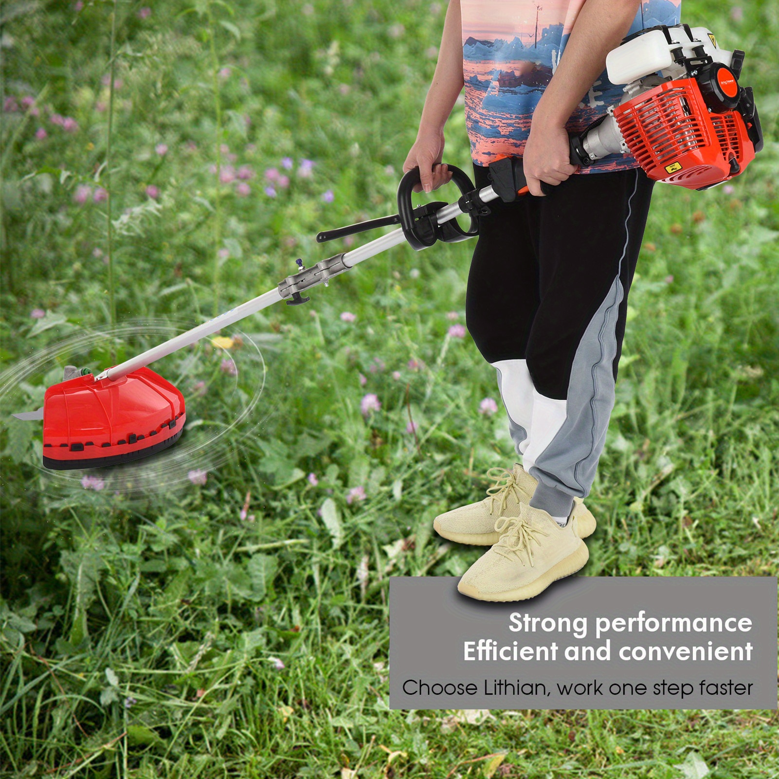 52cc heavy-duty   gas- lawn mower with  ,   lawn mower, hedge cutter, brush cutter, soil   &   - large 180.01cm width,   machine for residential & commercial use, compact storage design, handlebar & features, ideal for lawns, hedges, brush, soil, and trenching Product details 0