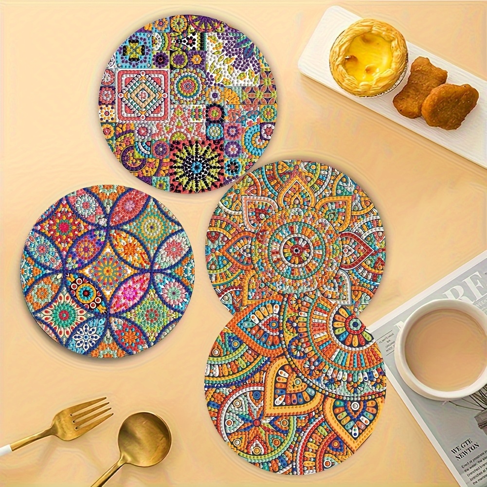 Image of 4pcs Mandala Diamond Painting Set- Vibrant Floral Patterns, Non-slip Round Wooden Table Mat, Suitable For Holiday Parties And Craft Gifts, Set