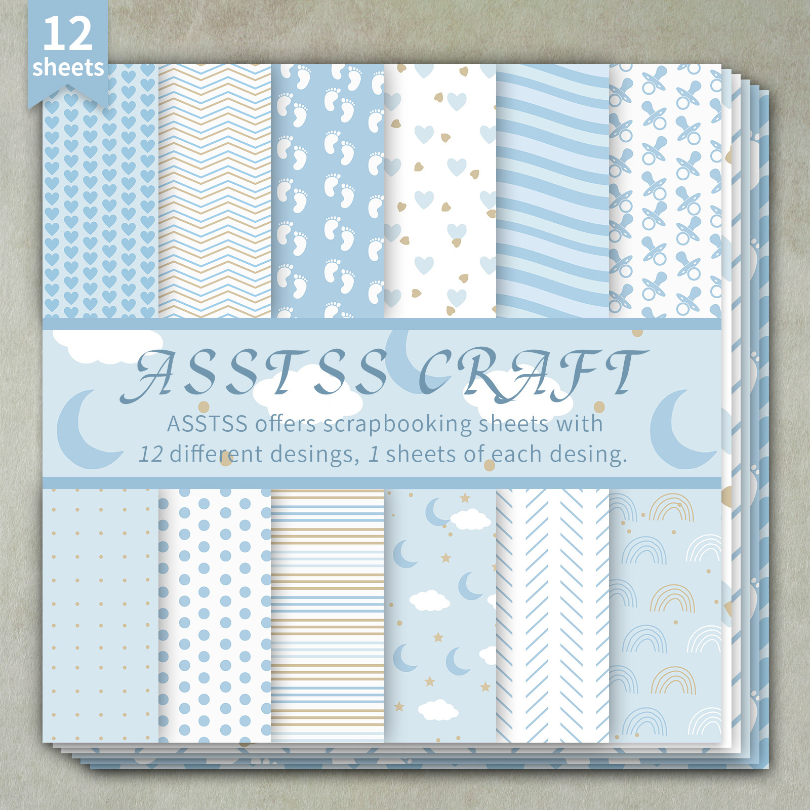 TEMU 12-sheet Asstss Heavyweight Scrapbooking Paper Pad Suitable For Journaling, Nursery Baby Boy Theme With Light Blue Floral Backing Sheets, Baby