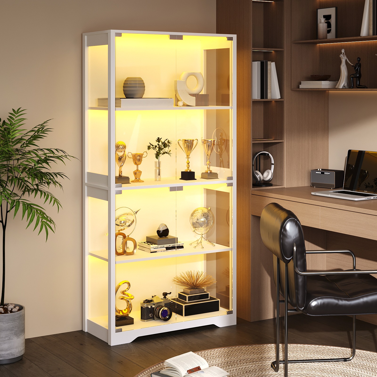 TEMU Estantería de vidrio de 4 niveles - Gabinete de almacenamiento con luces LED de y sensor de movimiento - para libros, decoración, oficina,